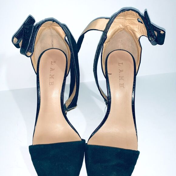 L.A.M.B. 9 Black Suede Stiletto Oxley Ankle Double Strap Pointed Toe $285 - Picture 6 of 6